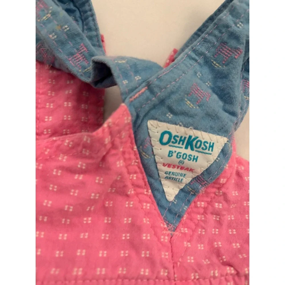 OshKosh B'gosh Pinafore Dress Vintage Cottagecore Blue Pink Bow 18M